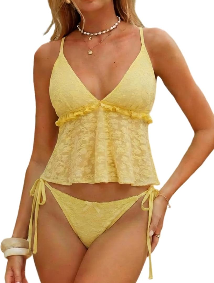 ZAFUL Women's Tankini Set V Neck Tummy Control Floral Printed Tie Side Thong Bikini Swimsuits 2 Piece Bathing Suits (Medium)