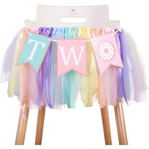 Donut 1 to 2 Years Old Birthday Banner - Donut Theme Birthday High Chair Banner, a Soft Rainbow Ribbon Tutu Group, Sweet Days, Leaving a Wonderful Party Time, Perfect Party Decoration. (Donut 2)
