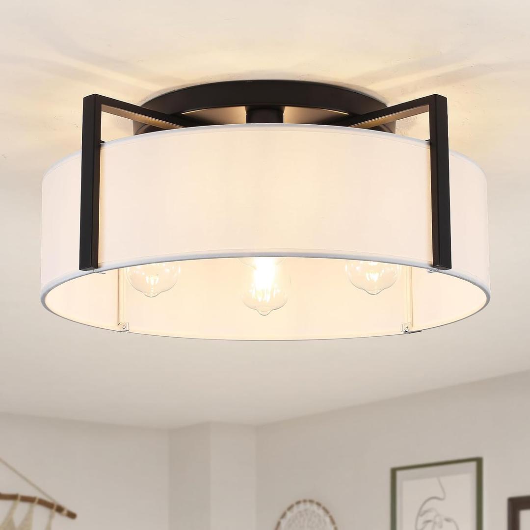 20.5" Semi Flush Mount Ceiling Light, 4-Light Modern Kitchen Hallway Light Fixtures with Drum White Shade, Metal Close to Ceiling Lights for Entryway Living Room Bedroom Dining Room Foyer, Black