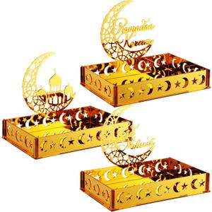 DoubleFill 3 Sets Ramadan Serving Tray Gold Eid Mubarak Holder Al-fitr Home Decoration for Moon Star Tray Gold Container for Home Islamic Muslim Party Tableware Kitchen Dessert Food Storage(Novetly)