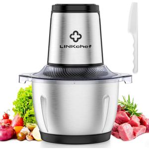 LINKChef Food Processor Small, 6 Cup Food Chopper with Container, 1.5L 250W Electric Meat Grinder for Home Use, Stainless Steel Mini Food Processor for Kitchen, Vegetable, Onion, Garlic, Salad (Silver and black)