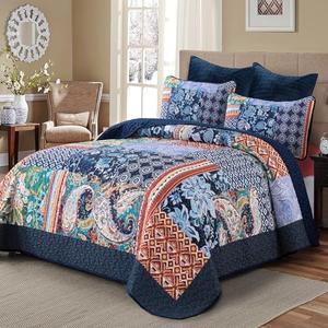 DJY Navy Patchwork Quilt Set King Size Blue Bedspread Boho Paisley Floral Pattern Quilt Bedding Set, 3 Pieces Navy Bohemian Soft Lightweight Coverlet for All Season 110''x90''