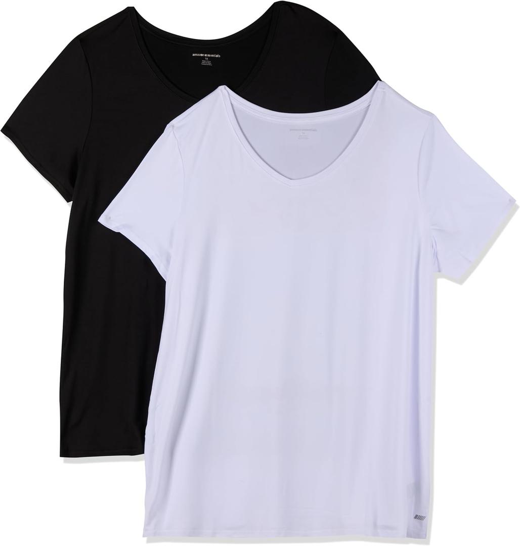 Amazon Essentials Women's Active Quick Dry Tech Stretch Short-Sleeve V-Neck T-Shirt, Pack of 2 (Large, Black/White)