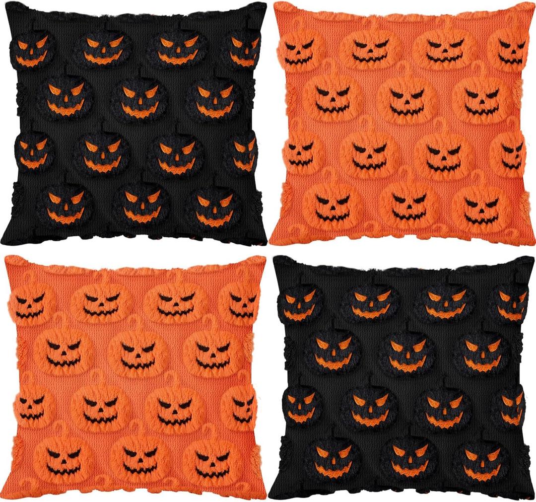 Tudomro 4pcs 18x18 Inch Halloween Pumpkin Pillow Covers Pumpkin Throw Pillow Case Soft Plush Faux Fur Sofa Cushion Case for Chair Sofa Bedroom Living Room Home Decor