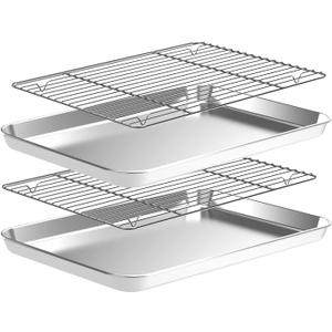 CEKEE Baking Sheet and Cooling Rack Set (2 Baking Pans + 2 Baking Racks), Stainless Steel Cookie Sheet Baking Pan Tray for Toaster Oven, Non Toxic & Heavy Duty & Easy Clean, Size 16 x 12 x 1 Inches