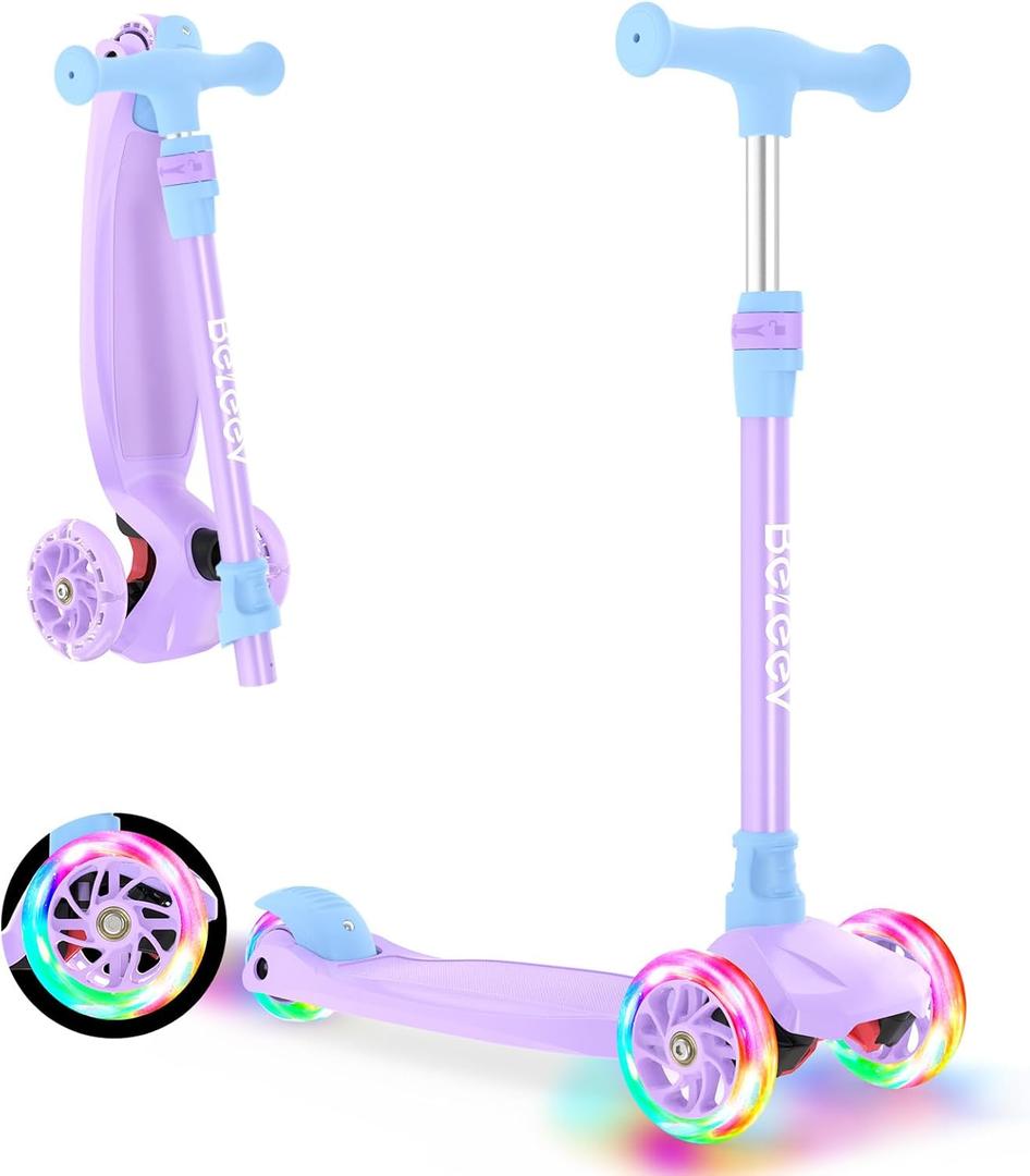 BELEEV Scooters for Kids 3 Wheel Kick Scooter for Toddlers Girls Boys, 4 Adjustable Height, Lean to Steer, Light up Wheels, Extra-Wide Deck, Easy to Assemble for Children Ages 3-12 (Rose Pink) (Blue Purple)