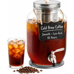 1 Gallon Cold Brew Coffee Maker Heavy Duty Glass Iced Coffee Maker with Stainless Steel Filter, 128oz Mason Jar Cold Brew Pitcher with Spigot Perfect for Iced Coffee, Cold Brew, and Iced Tea Brewing