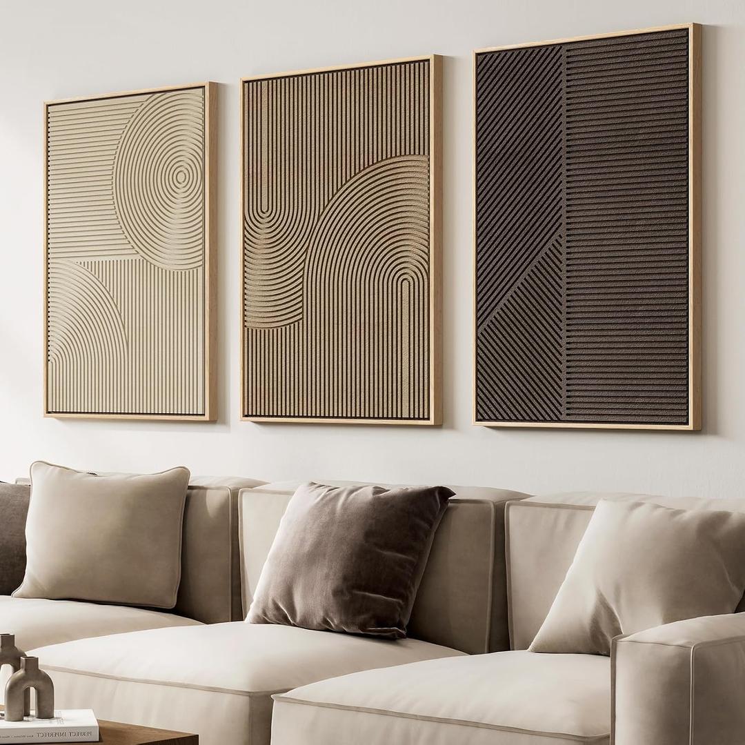 Large 3D Textured Framed Boho Neutral Abstract Wall Art for Living Room, 3 Piece Modern Artwork for Walls, Minimalist Beige Brown Tan Geometric Paintings for Hallway, Stair, Office Wall Decor 24x36 In, 24"W x 36"H x 3Pcs