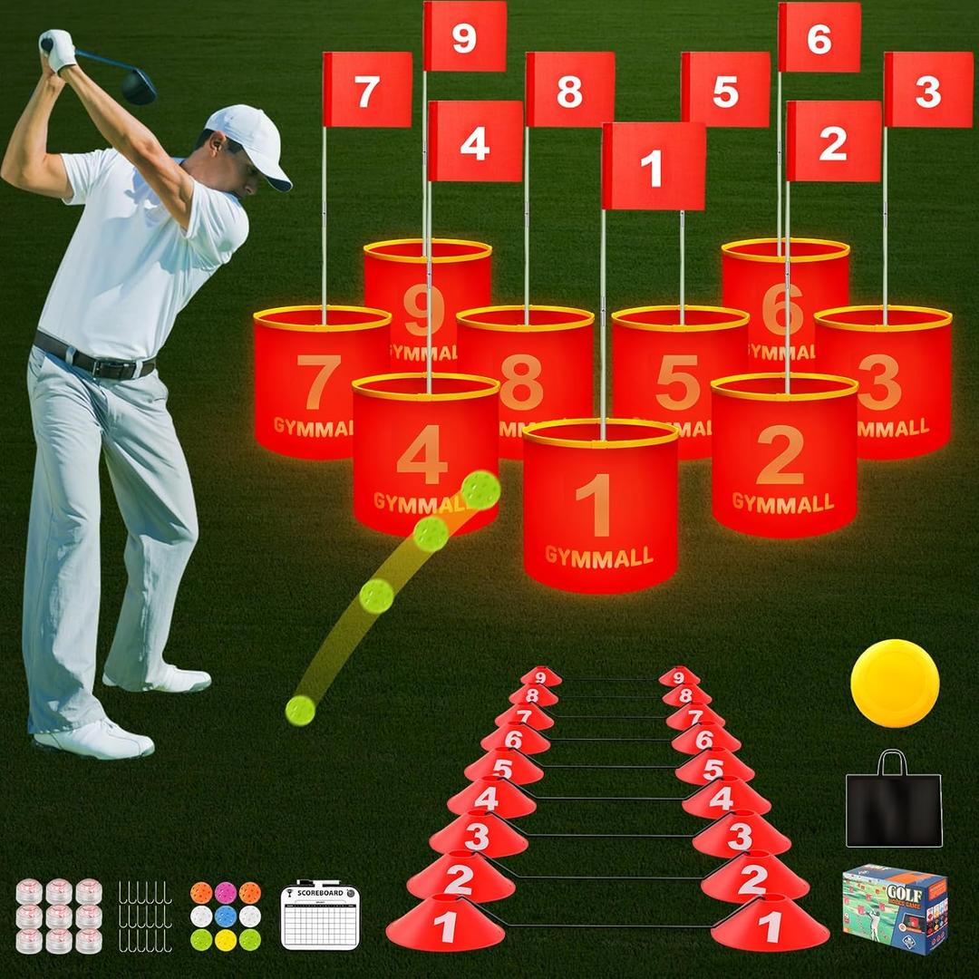 Golf Yard Games, 9 Holes Backyard Golf Game Set with LED Light and Flags for Adults & Kids Indoor Outdoor, Golf Practice Gift for Backyard, Park, Beach and Lawn (Red)
