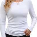 GEMBERA Womens Ribbed Long Sleeve Crewneck Casual Slim Basic Shirts Fitted Knit Tops (Medium, White)