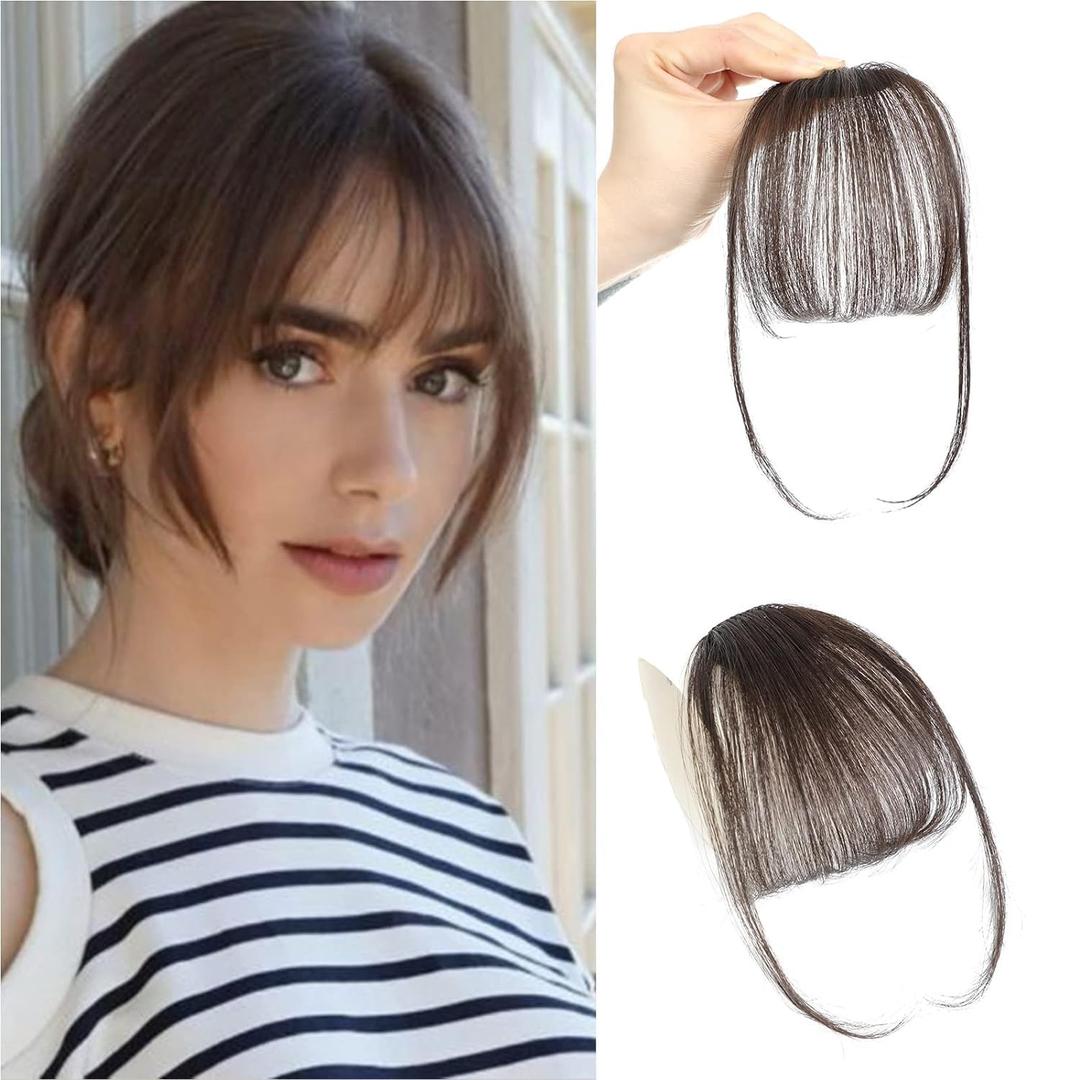 Clip In Bangs 100% Human Hair Wispy Bangs Hair Clip Dark Brown with Temples Real Human Hair Fake Bangs Extensions For Natural Hair