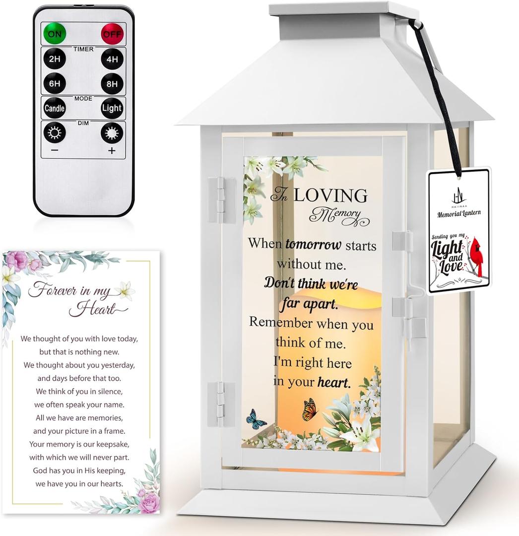 Memorial Lantern Bereavement Gifts in Memory of Loved One Memorial Gifts for Loss of Mother Loss of Father Remembrance Sympathy Gifts for Loss of Loved One with LED Candle and Remote (When Tomorrow Starts Without Me White)