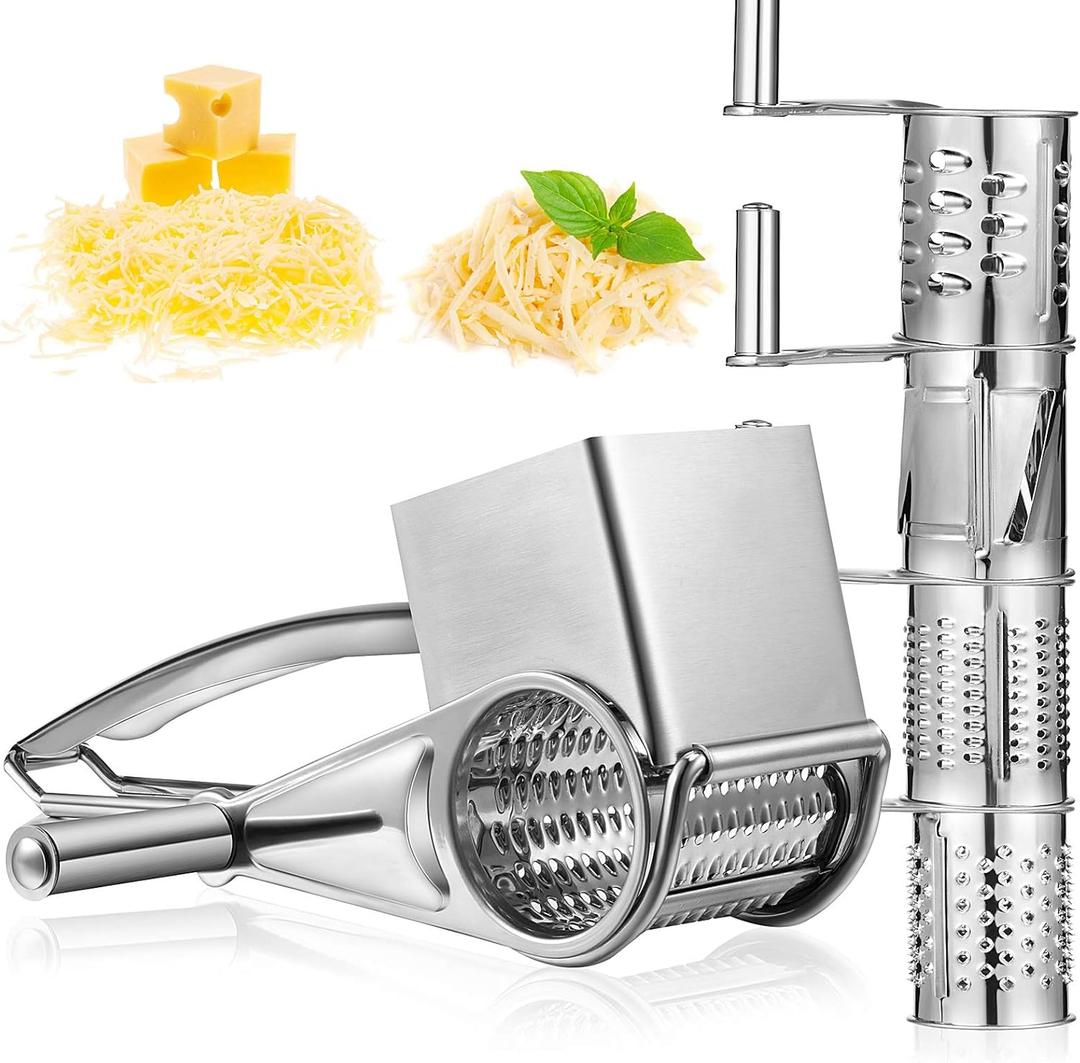 Honoson Rotary Cheese Grater Stainless Steel Handheld Rotary Parmesan Grater Cheese Cutter Slicer Shredder with 4 Stainless Drum for Grating Hard Chocolate Nuts Kitchen Tool