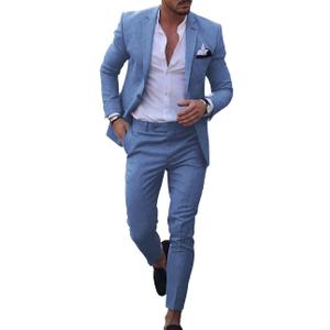 UNINUKOO Mens 2 Piece Suit Linen Summer Top Blazer Pants Sets Beach Wedding Wear Vacation Prom Suits for Men US Size XL Light Blue (Blue, XL)