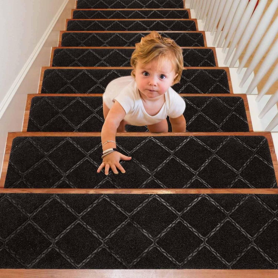 Seloom 9" x 36" Stair Treads for Wooden Steps- Carpet Non-Slip with Non Skid Backing Specialized for Indoor Steps, Removable Washable Step Runners Perfect for Dogs (Black,15-Pack, Rhombus) (9"*36")