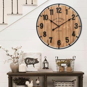 Large Old Town Farmhouse Wall Clock 24 Inch Rustic Antique Wood with Metal Circle and Large Numerals Silent Battery Operated Wall Clock for Office Kitchen Bedroom Living Room (Brown)