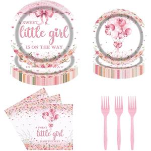 Pink Bow Baby Shower Party Tableware Set 96 Pcs A Sweet Little Girl is on The Way Disposable Plates Napkins Forks Pink Floral Baby Shower Decorations Serve 24 Guests