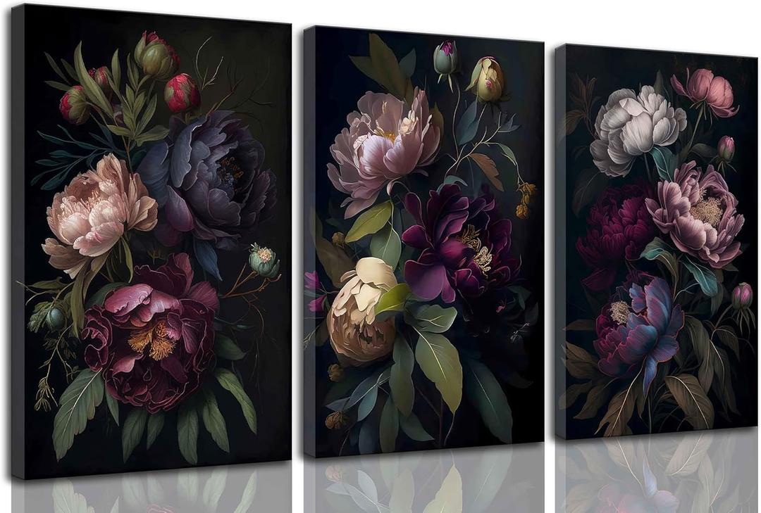 3 Pcs Moody Floral Canvas Wall Art Vintage Dark Peony Flowers Botanical Still Life Painting Picture Wall Decor Poster Print Artwork for Living Room Bedroom Women Room Home Decoration (24L" x 16W")