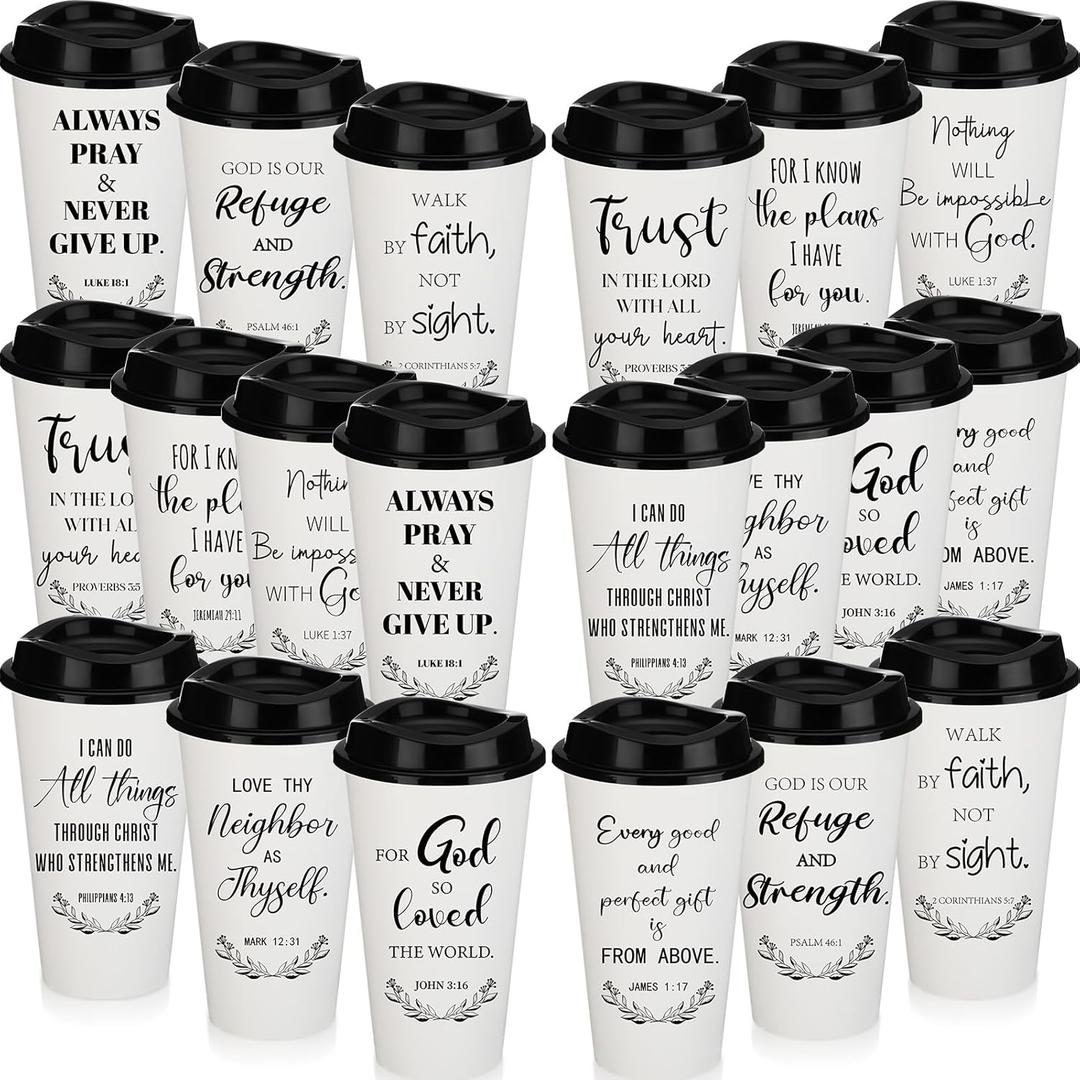 Skylety 20 Pack Easter Christian Gifts for Men Women 16oz Reusable Bible Verse Tumbler Bulk Plastic Coffee Cup with Lid Inspirational Religious Church Gift for Mother Father Birthday (White)