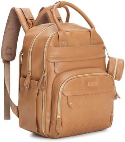 Semlade Leather Diaper Bag Backpack - Baby Essentials Travel Baby Bag, Multi function, Water Resistant, with Changing Pad, Stroller Straps & Pacifier Case – Unisex, Light Brown