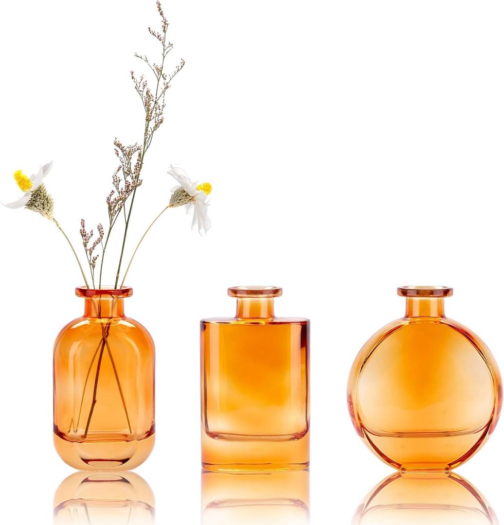 WHJY Amber Glass Vase Set of 3, Decorative Flower Vases for Centerpieces, Colored Bud Vases, Small Geometric Vases for Wedding, Home Dcor