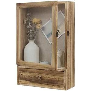 Butizone Shadow Box Frame, 3.2" Deep Shadow Box Display Case with Real Glass and Drawer, Rustic Wood Memory Box for Pictures, Flowers, Memorial, Medals, Wedding Bouquet for Wall or Tabletop, Brown