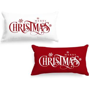 Lanpn 12x20 Red Christmas Lumbar Pillow Covers Set of 2, Xmas Decorations Cushion, Merry Christmas Pattern Pillowcase Pillows, Winter Holiday Decorative Pillow Case, Indoor Home Bedroom Sofa Decor