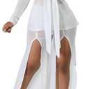 HugeNice Women's Sexy 2 Piece Outfits Clubwear Mesh See Through Tie Front Crop Tops Slit Wide Leg Pants Set (White)