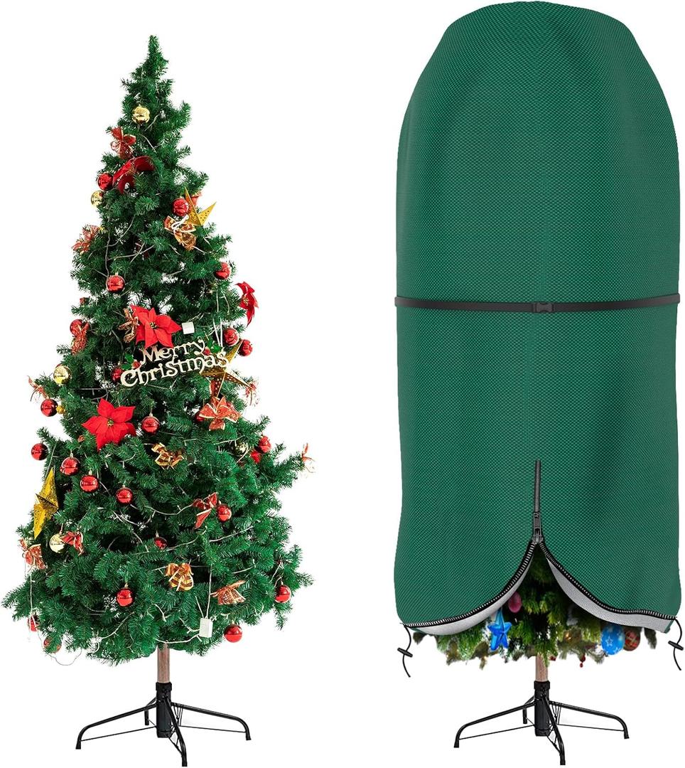 Christmas Tree Cover with Adjustable Straps, Durable Upright Xmas Storage Bag with Zipper & Drawstring for 7.5 Foot Artificial Standing Tree with Ornaments, Waterproof, Dustproof