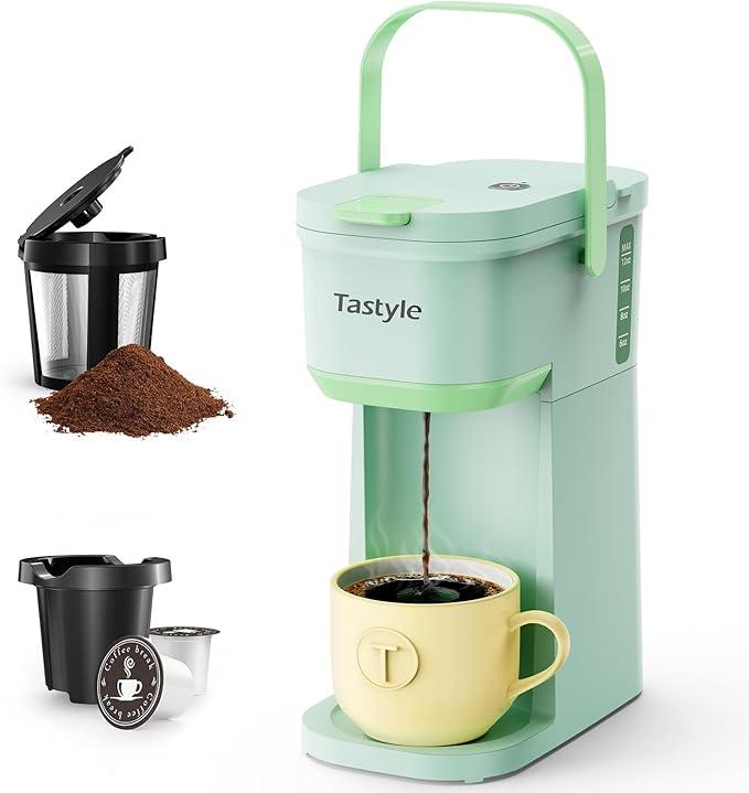 Tastyle Single Serve One Cup Coffee Maker, for K Cups and Grounds, Mini Coffee Maker with Portable Handle, 6 to 12 Oz Brew Size, for Travel, Camping, Office, RV and Dorm, 120V, Oasis