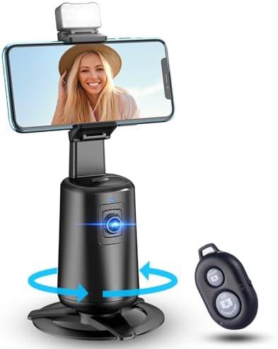 Auto Face Tracking Tripod 360° Rotating Cell Phone Photo and Video Kits Stand, No App, Camera Stand with Remote and Gesture Control, Rechargeable Smart Shooting Stand for Live Recording Tiktok（Black）