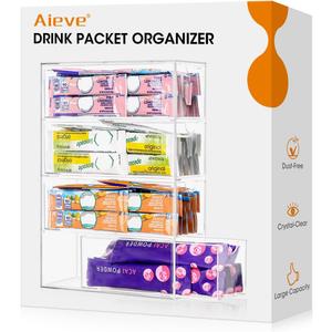 AIEVE Drink Packet Organizer, Drink Mix Holder with 4 Clear Drawers, Acrylic Water Flavor Packets Container, Kitchen Storage Organizers for Pantry Home Organization