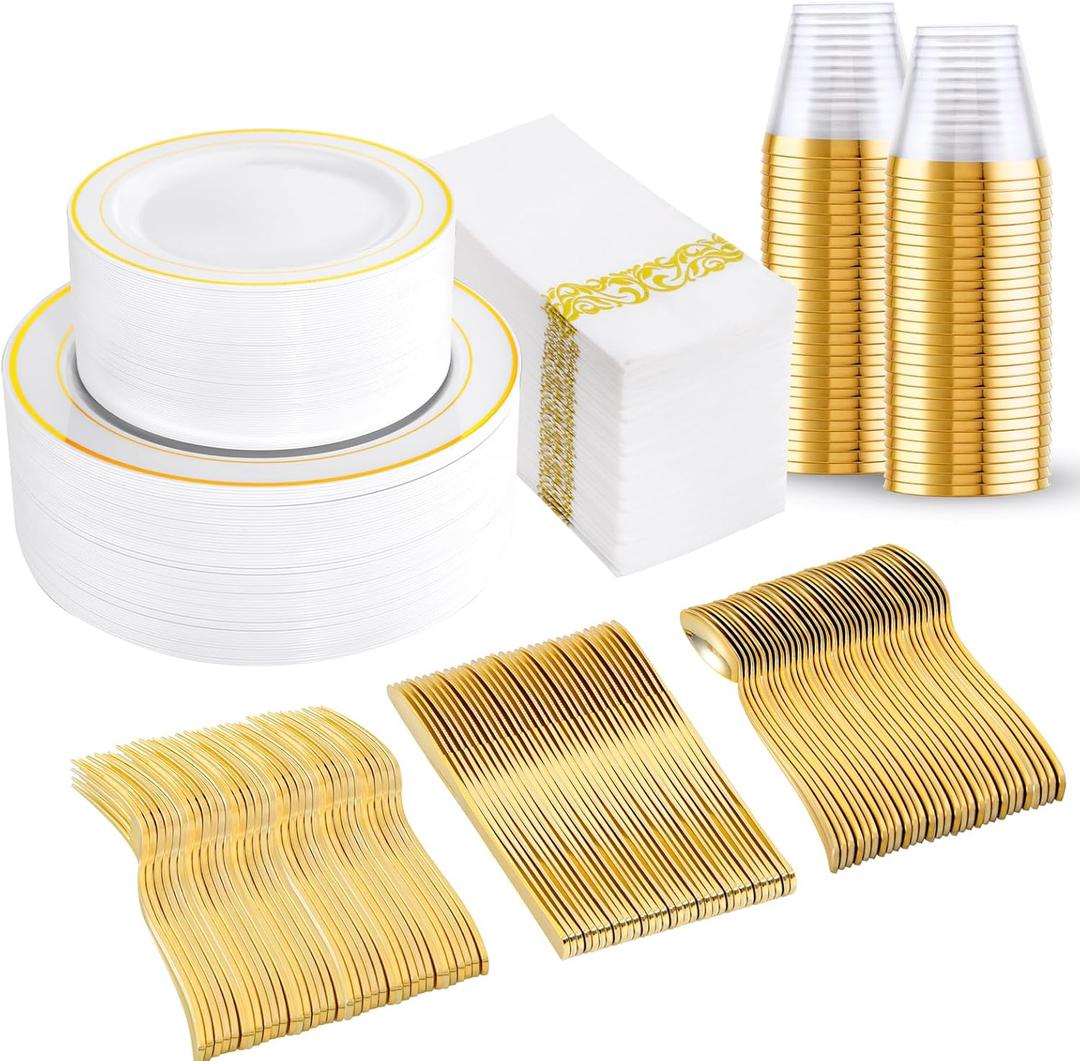 bUCLA 350PCS White and Gold Plastic Plates - Gold Disposable Dinnerware for Include 50 Dinner/Dessert Plates, 50 Forks, 50 Knives, 50 Spoons, 50 Cups & 50 Napkins for Party & Thanksgiving