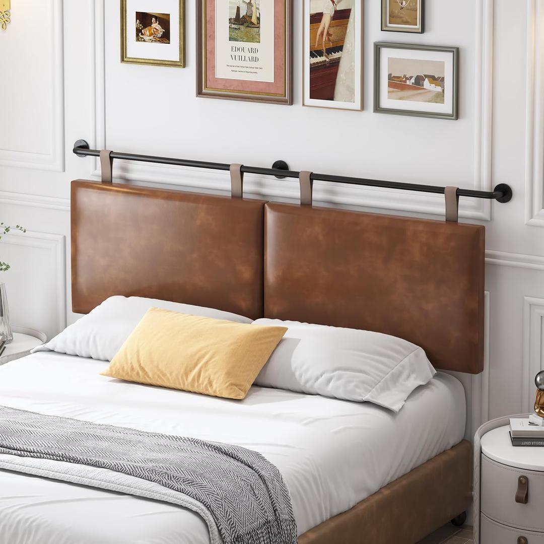 Queen Size Headboard, Wall Mounted Hanging Upholstered Bed Headboard with Modern Design Faux Leather Padded Headboards Ideal for Bedroom (Brown Leather, Queen)