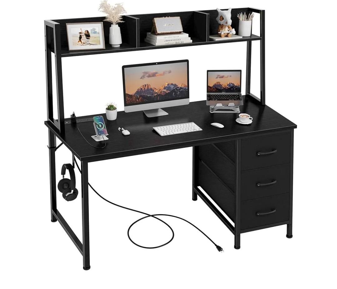 Black Computer Desk with Hutch & Drawers - Office Desk with 3 Storage Drawers and Power Outlets, 47 Inch Modern Study Writing Desk for Bedroom Home Office