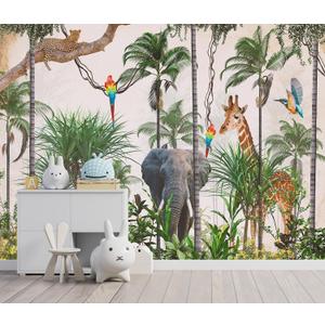 3D Safari Wallpaper Tropical Jungle and Animals Plant Wallpaper Mural for Bedroom Kids Room (Not Peel and Stick) (100" x 73", M28)