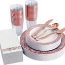 FOCUSLINE 175 Ct Rose Gold Dinnerware Set for 25 Guests, Plastic Plates with Rose Gold Lace Rim Design, Including 25 Disposable Dinner & Dessert Plates, Cups, Napkins, Cutlery Set