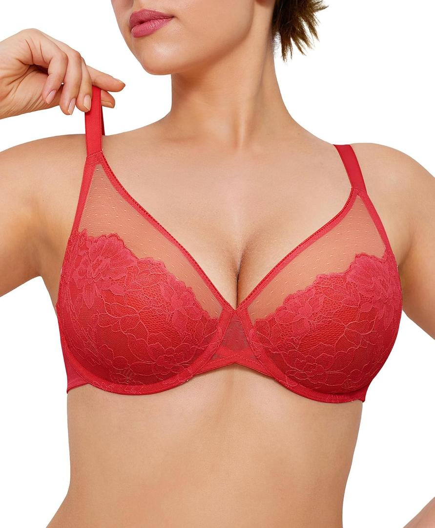 Popilush Minimizer Bras for Women Plus Size Full Coverage Lace Underwire Support Push Up Bra for Heavy Breast Everyday Wear (38DD, Red)