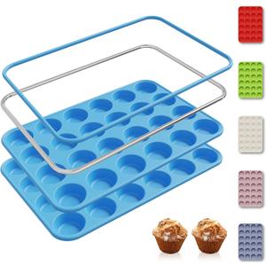2 Pack 24 Cups Silicone Mini Muffin Pan with Metal Reinforced Frame Silicone Molds Cupcake Pans Tray Egg Bites Circle Cookie Molds Muffin Tin Tart Pans Baking Sheet Set for Breakfast Sandwiches (Morandi Blue)