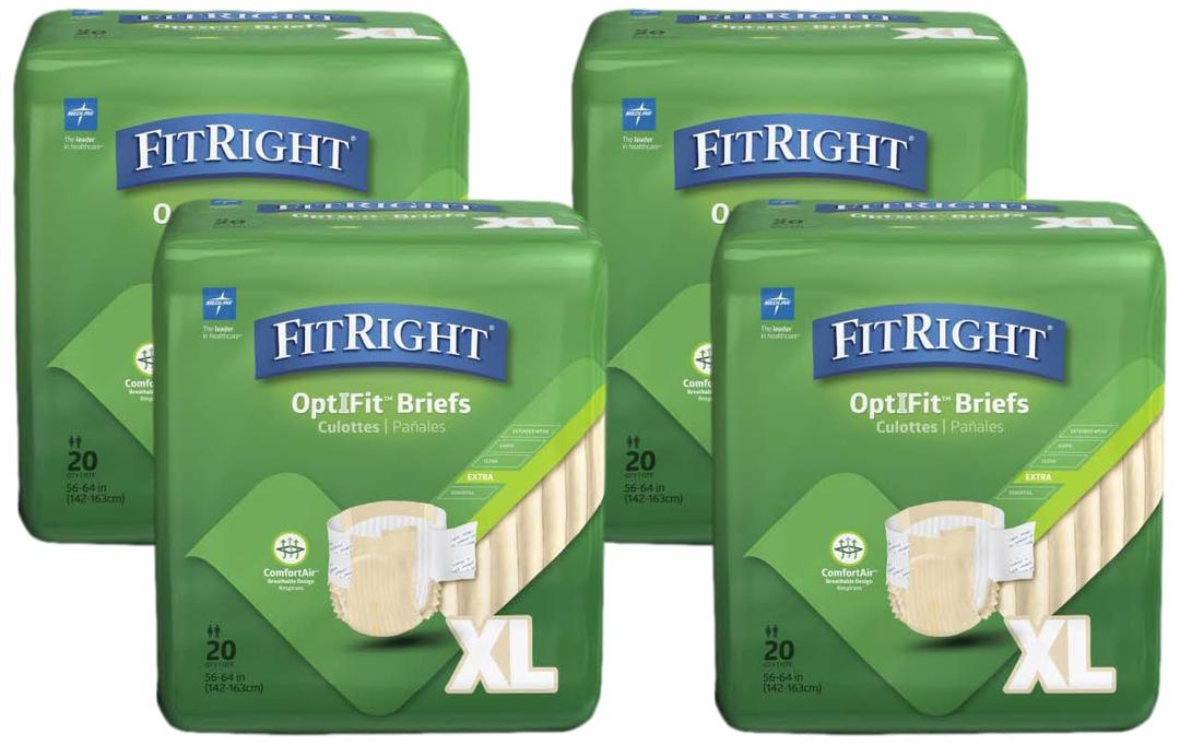 Medline FITEXTRAXLGZ FitRight Extra Briefs, 56-64", XL Size, 20 Count (Pack of 4)