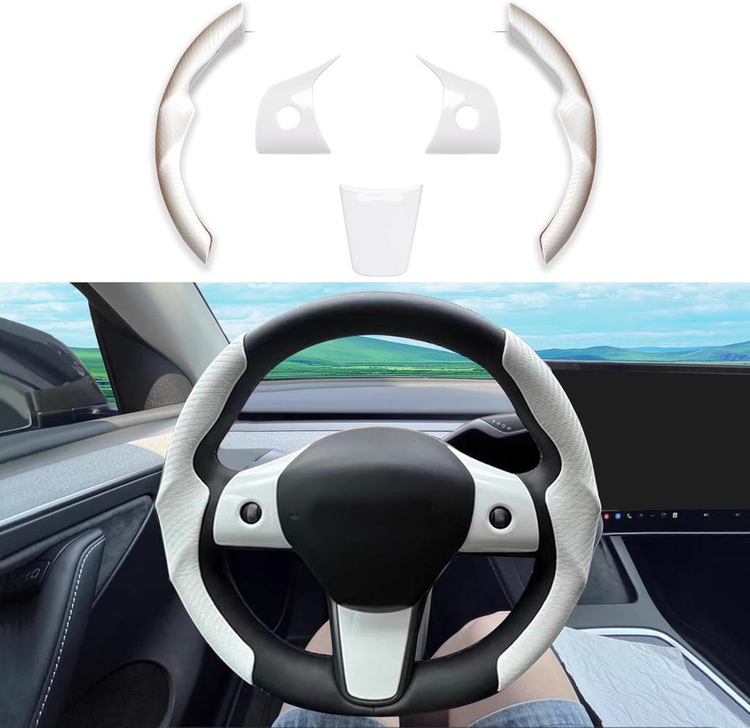 for Tesla 2017-2023 Model 3 and 2020-2024 Model Y Steering Wheel Cover Trim Interior Decoration Protection Accessories (M3/My-White 5pcs)