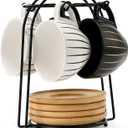 LUKA Ceramic Demitasse Espresso Cups Set with Saucers and Metal Stand, 8 oz Porcelain Cappuccino Cups Teacup For Tea, Espresso, Latte, Coffee, Cafe Mocha, Set of 4, Stripe White & Black