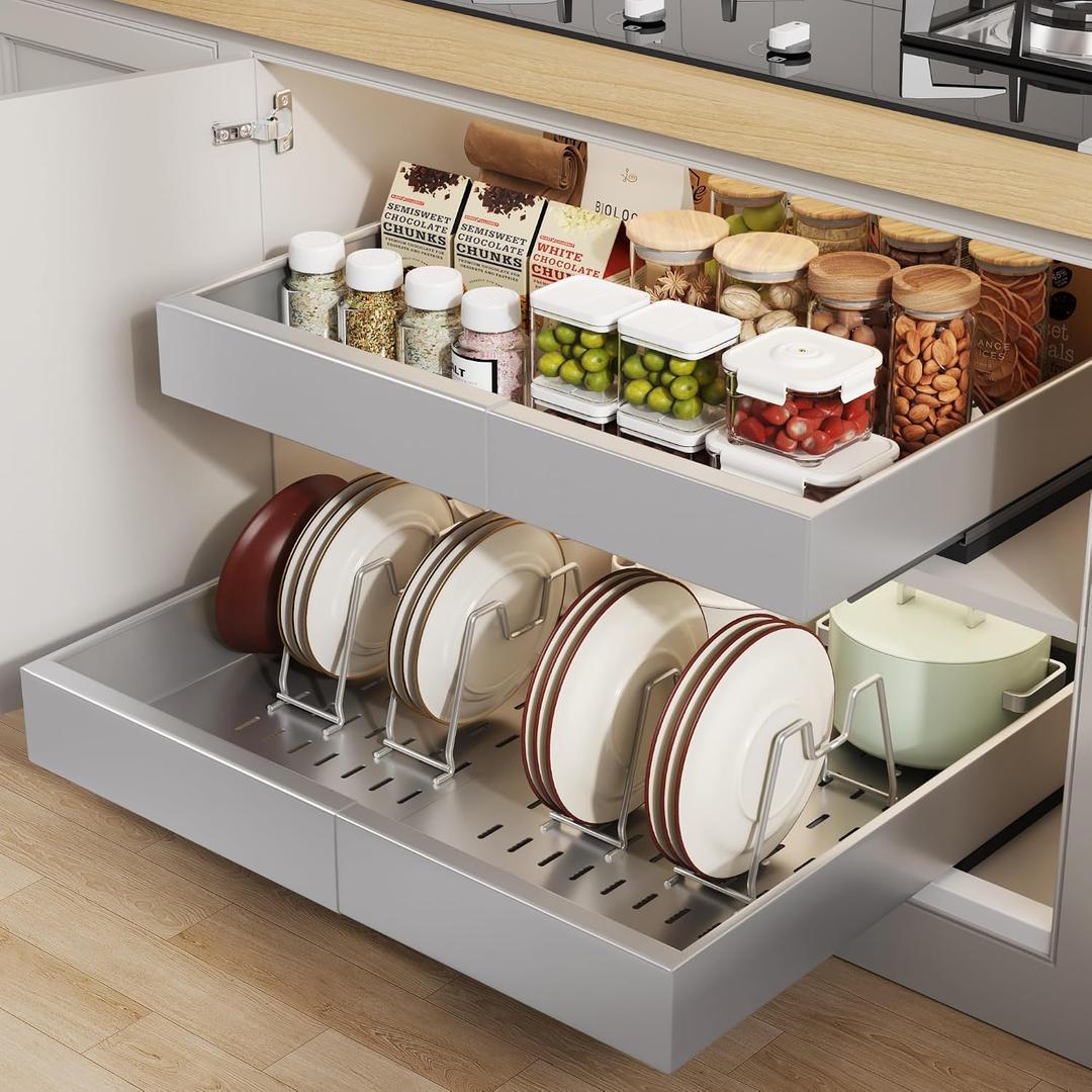 Seinloes 2 Pack Pull out Cabinet Organizer 21"Deep With Raising Pad for Framed Cabinets, Expandable Slide out Drawers for Kitchen Cabinets with 4pcs Divider Racks,Roll out Shelves 12.1"-20.4" W Silver