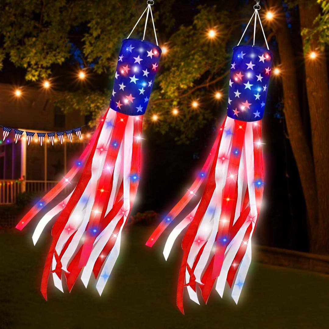 2 Pack 60 Inch American Flag Windsock with Red White Blue LED Lights, 250th Anniversary USA 4th of July Decorations Wind Socks for Outside, Patriotic Memorial Day Independence Day Decor