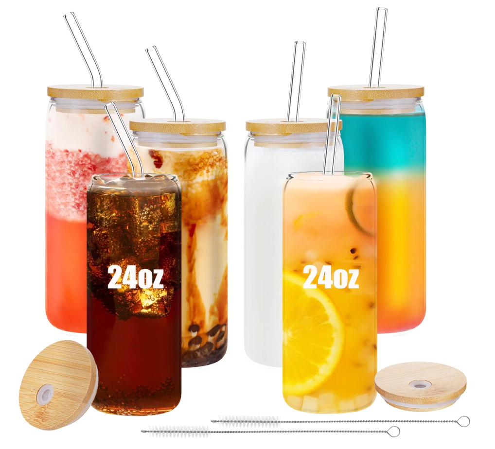 6 Pack 24oz Drinking Glasses Iced Coffee Cups Can Tumbler Glasses with Bamboo Lids and Straws Tumbler Glasses Cups Can Shaped Glass Gups Large Drinking Can Cups for Boba Smoothies Soda Juice Tea