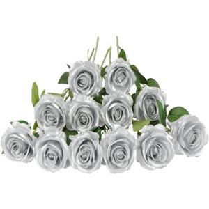 Laelfe 12 PCS Artificial Flowers Silver Roses, Silk Flowers Fake Long Stem Artificial Roses for Home Wedding Bathroom Kitchen Decorations (Silver)