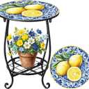 Cinnvoice Outdoor Side Table Round Small Mosaic Patio Accent Indoor End Plant Coffee Tea Table for Yard Patio Porch Garden Living Room, Bedroom(Lemon Style,14 Inch)