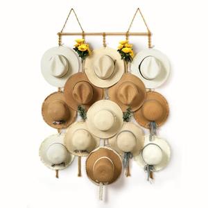 HYDERMUS Macrame Hat Organizer Rack for Wall 15 Clips 31x66in Large Fedora Hat Hangers Display for Wide Brimmed Hat Holder Storage Boho Decor for Fedora Sun Straw Panama Closet Bedroom Brown