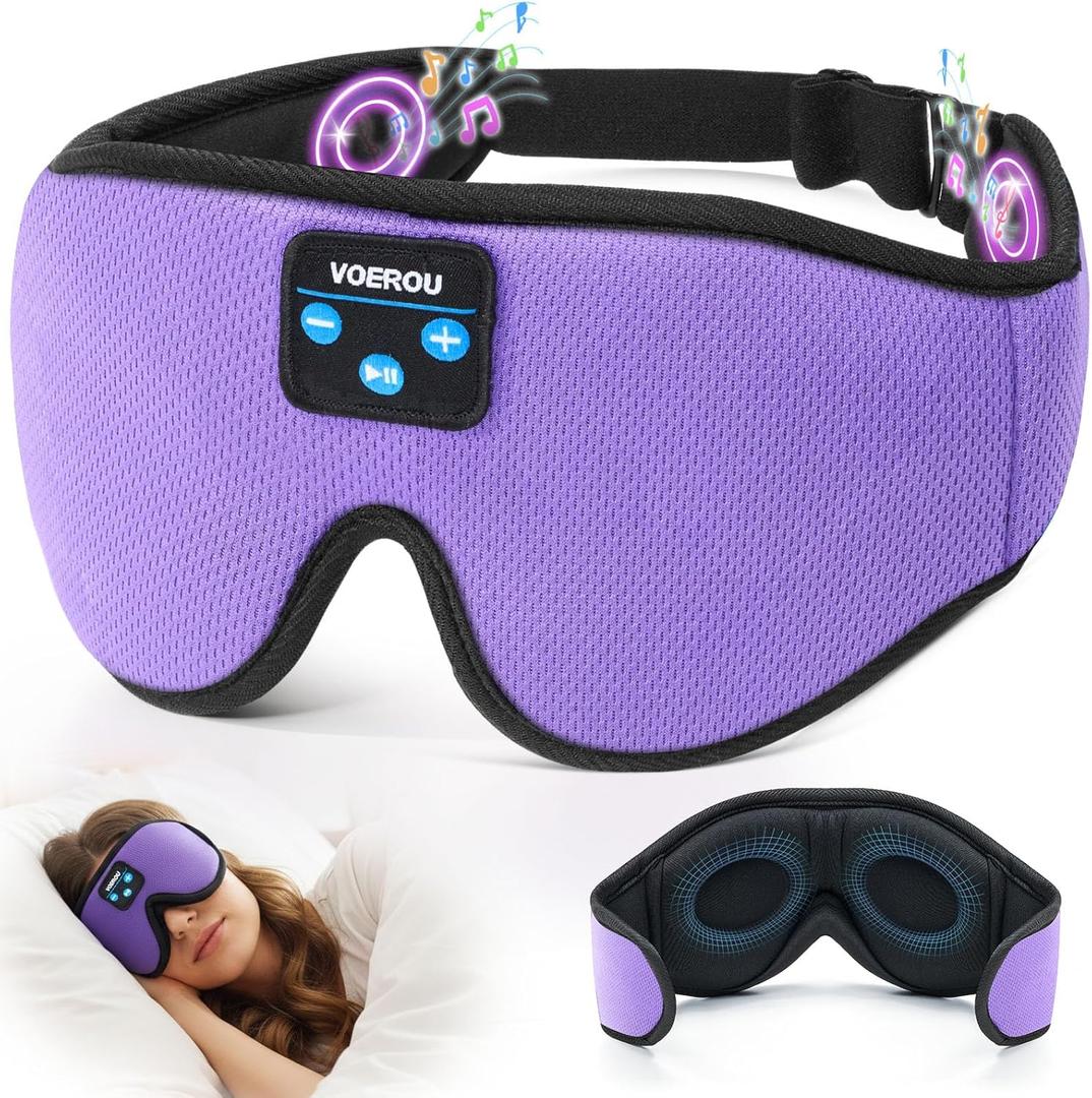 Voerou Bluetooth 3D Sleep Mask with Headphones, Wireless Adjustable Eye Mask Sleeping Headphones with Ultra-Thin HD Stereo Speakers, Suitable for Sleep Office Naps Travel, New Technology Gadgets (Light Purple)