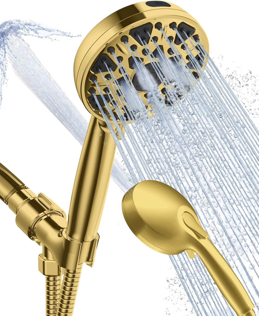 High Pressure Shower head with Handheld 7 Modes, Built-in Power Wash to Clear Tub. Tile & Pets, 5 High Flow Hand Held Hydro Rain Showerhead with Stainless Steel Hose and Adjustable Bracket-Brush Gold